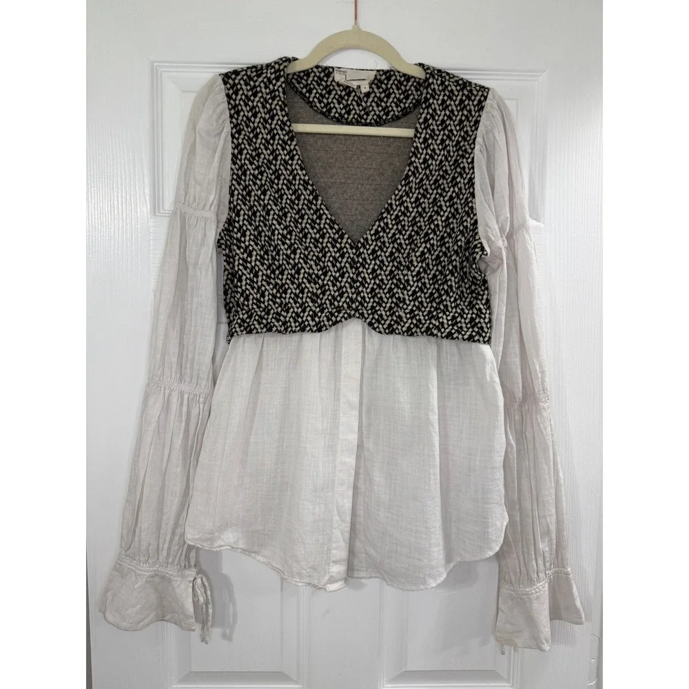 Anthropologie Layered Jacquard Blouse Size M White Black Mixed Media Boho